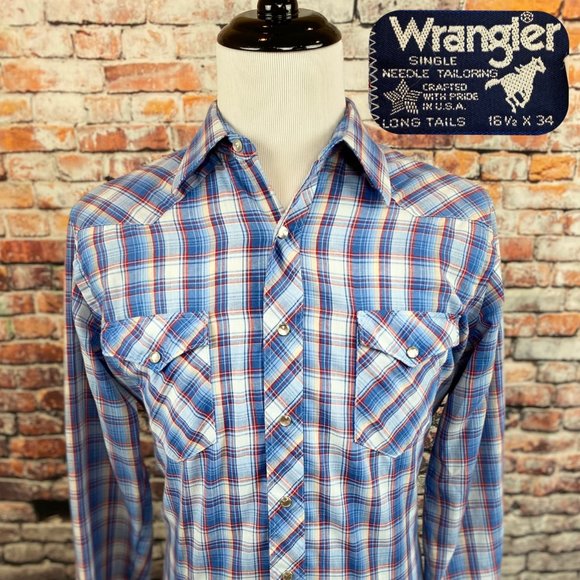 Wrangler Blue Red Plaid Vtg Pearl Snap Thin Shirt - Picture 1 of 5